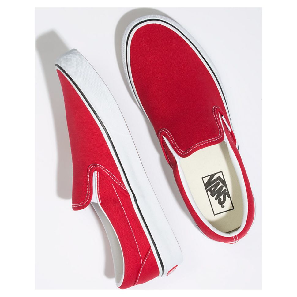Slip on vans red and white hot sale
